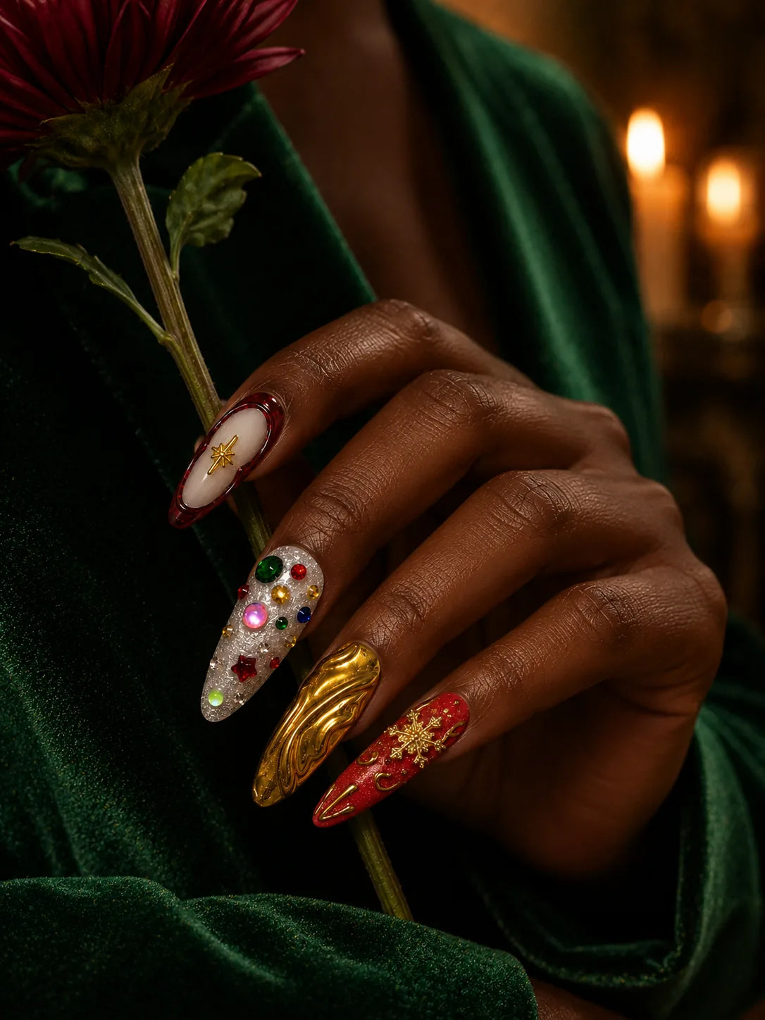 Emerald Bling Gold Rhinestone Press-On Nails - life1