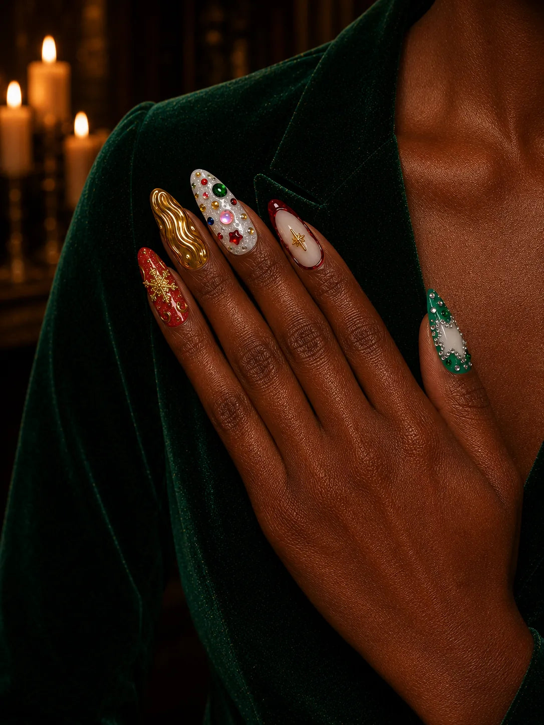 Emerald Bling Gold Rhinestone Press-On Nails - life2