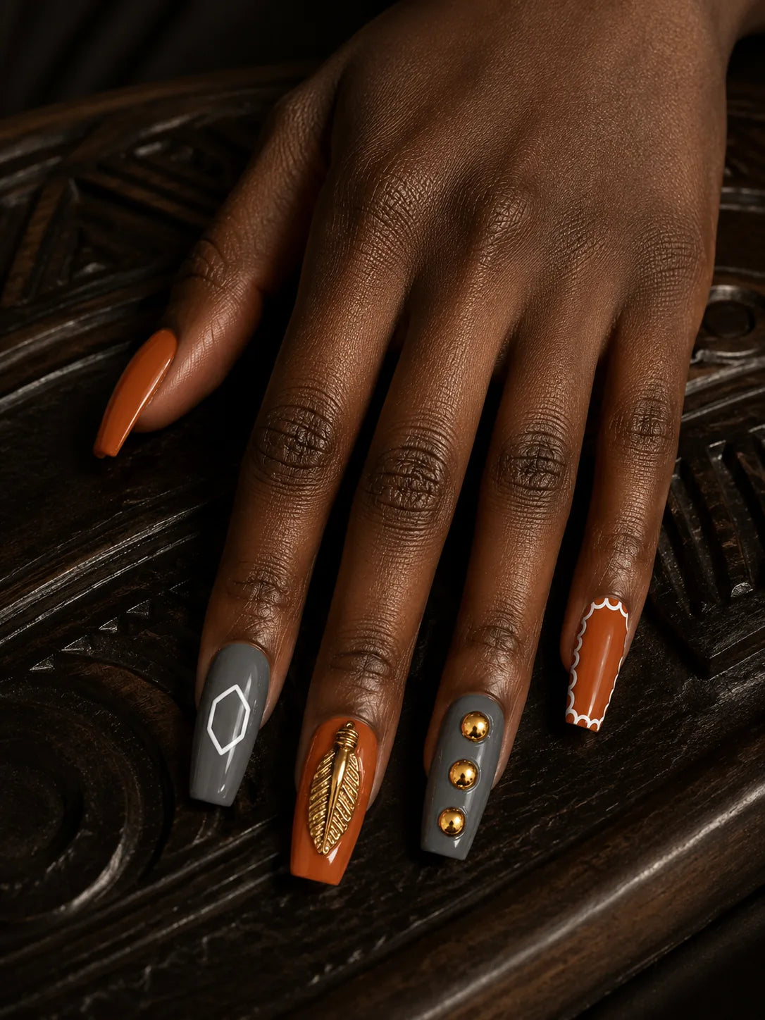 Feather Flame Terracotta Press-On Nails - hand1