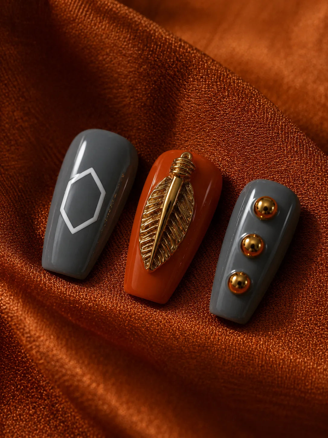 Feather Flame Terracotta Press-On Nails - closeup