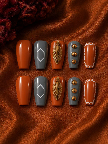 Feather Flame Terracotta Press-On Nails - flatlay