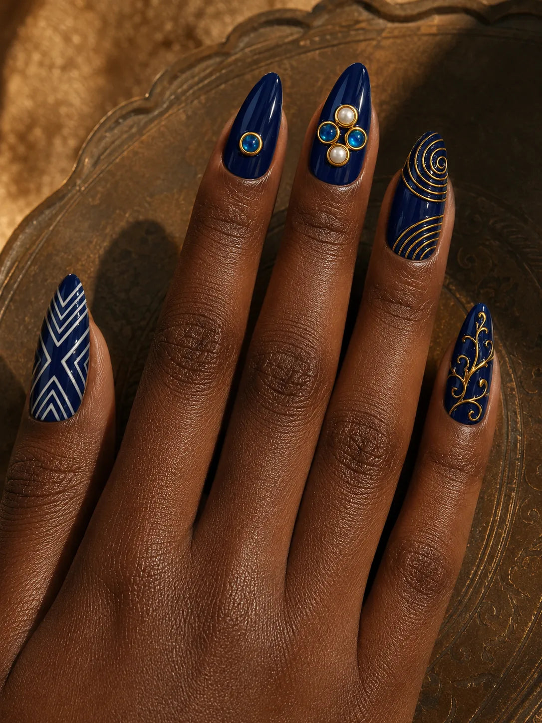 Filigree Voyage Cobalt Pearl Press-On Nails - hand1
