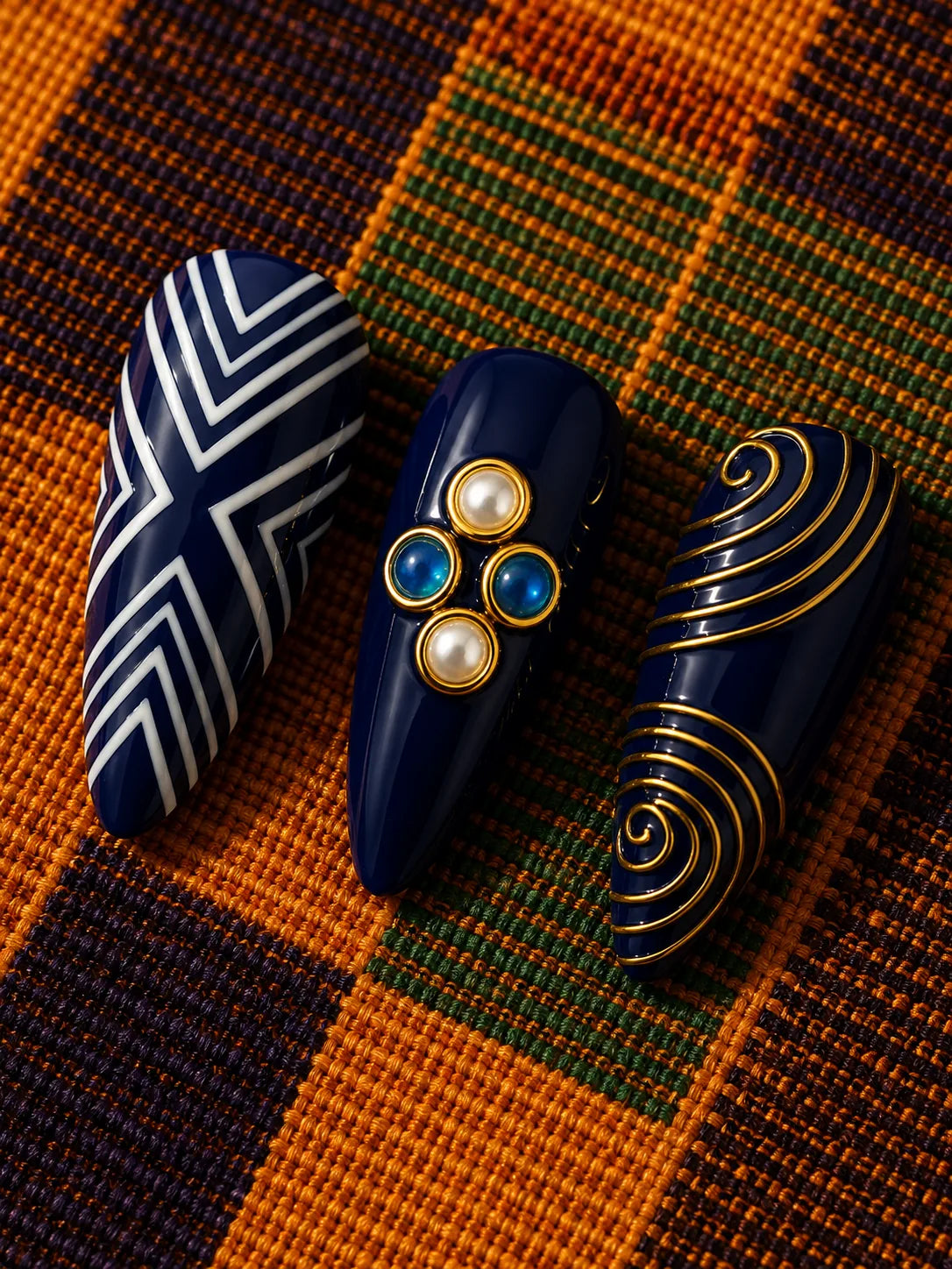 Filigree Voyage Cobalt Pearl Press-On Nails - closeup