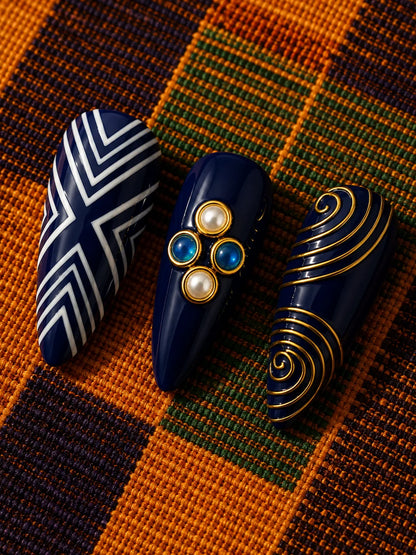 Filigree Voyage Cobalt Pearl Press-On Nails - closeup