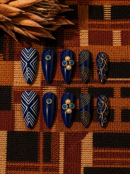 Filigree Voyage Cobalt Pearl Press-On Nails - flatlay
