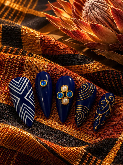 Filigree Voyage Cobalt Pearl Press-On Nails - closeup2