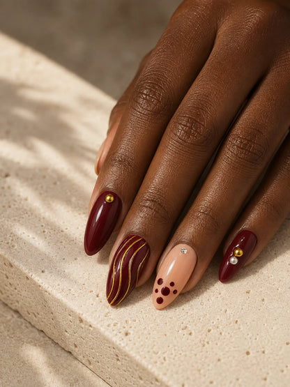 Gilded Burgundy Stripe Press-On Nails - hand2