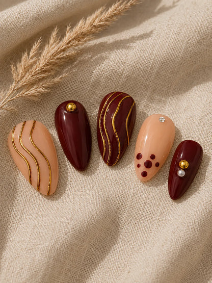Gilded Burgundy Stripe Press-On Nails - closeup2