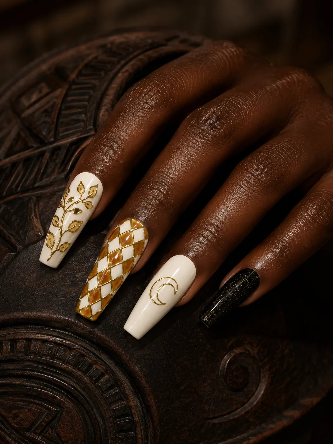 Gilded Crescent Botanical Vine Press-On Nails - hand2