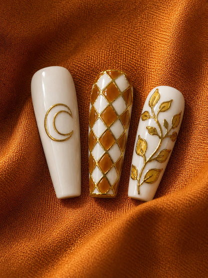 Gilded Crescent Botanical Vine Press-On Nails - closeup