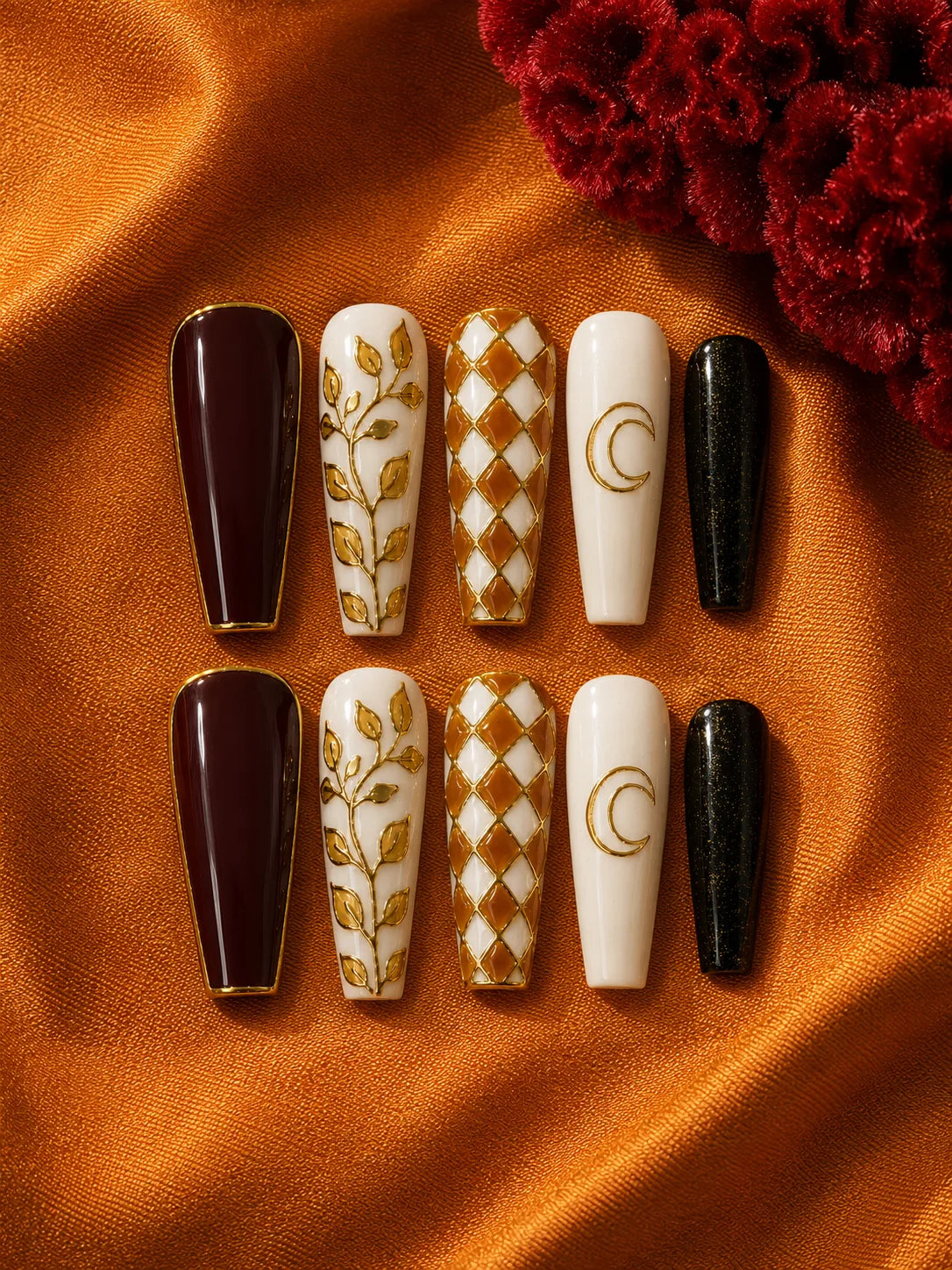 Gilded Crescent Botanical Vine Press-On Nails - flatlay