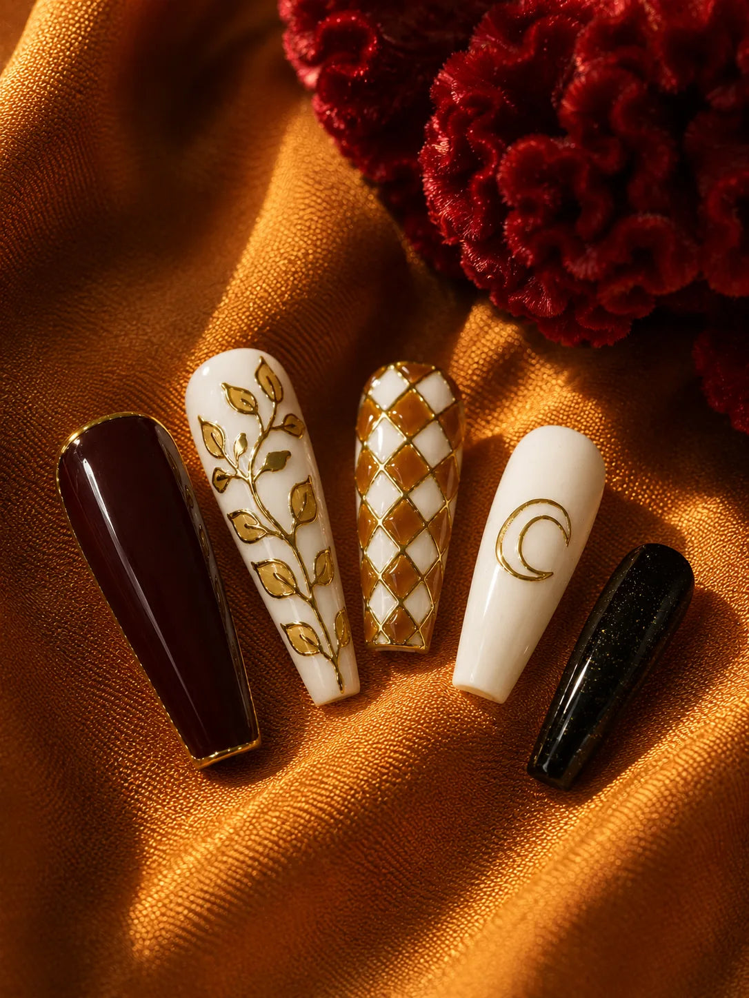 Gilded Crescent Botanical Vine Press-On Nails - closeup2