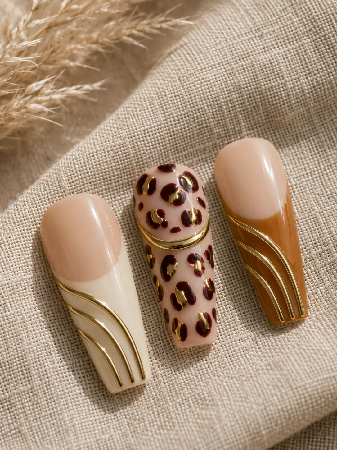 Gilded Leopard Stripe Press-On Nails - closeup