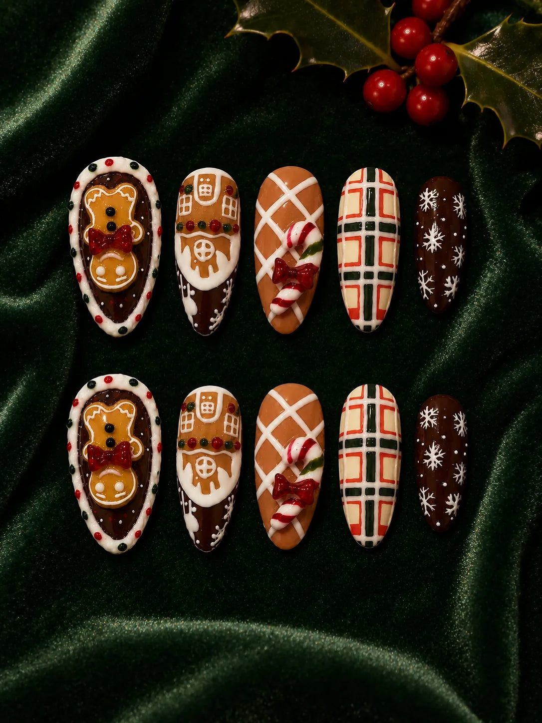 Gingerbread House Plaid Press-On Nails - flatlay