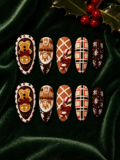Gingerbread House Plaid Press-On Nails - flatlay