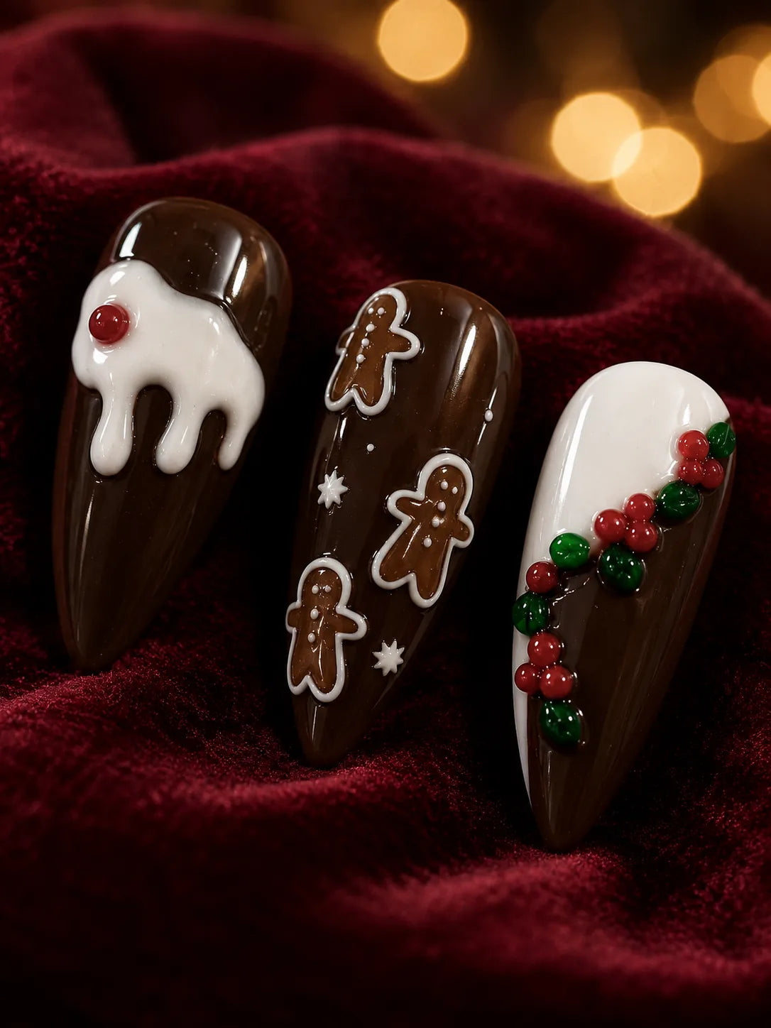 Gingerbread Kiss Holly Berry Press-On Nails - closeup