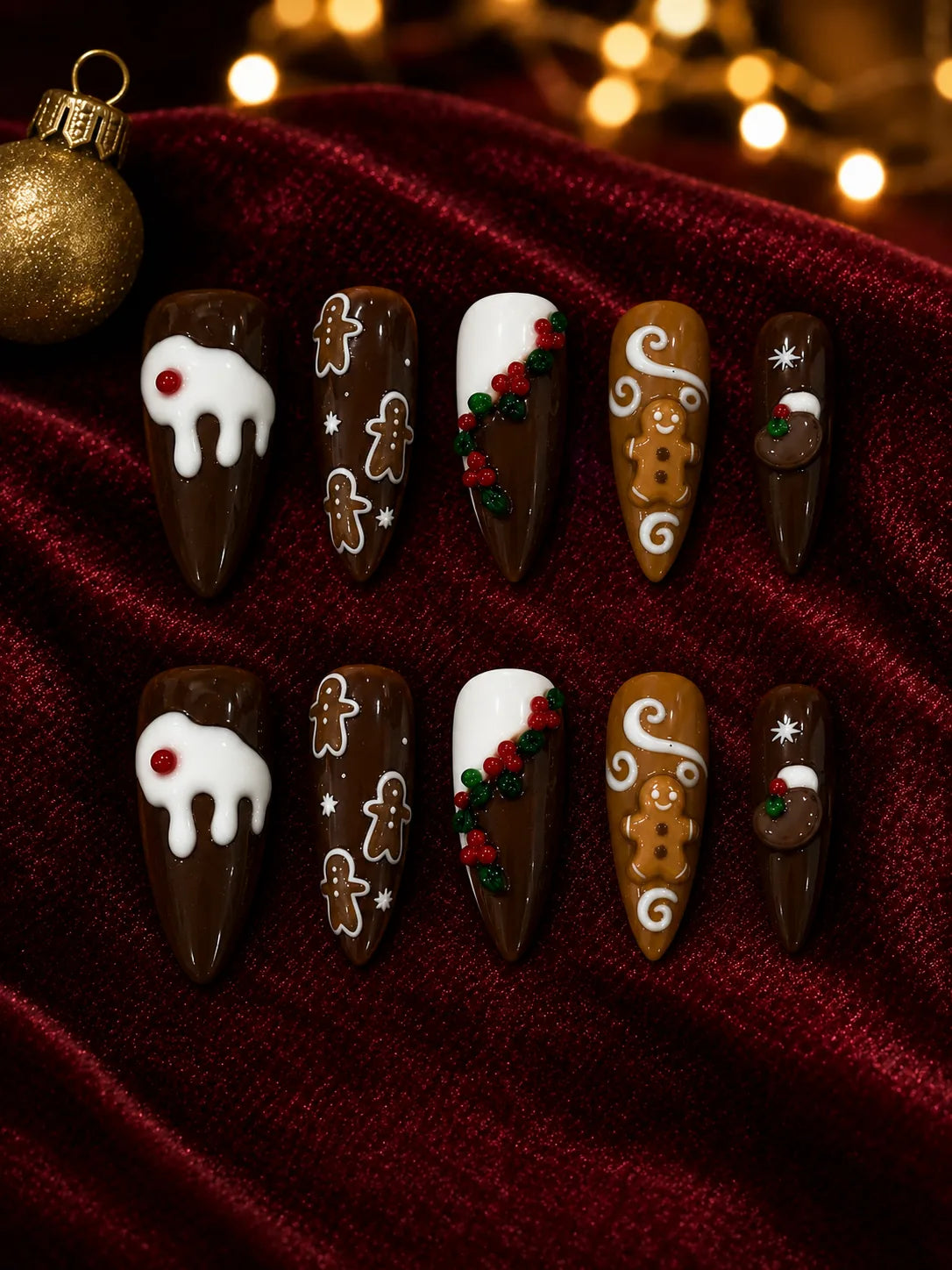 Gingerbread Kiss Holly Berry Press-On Nails - flatlay