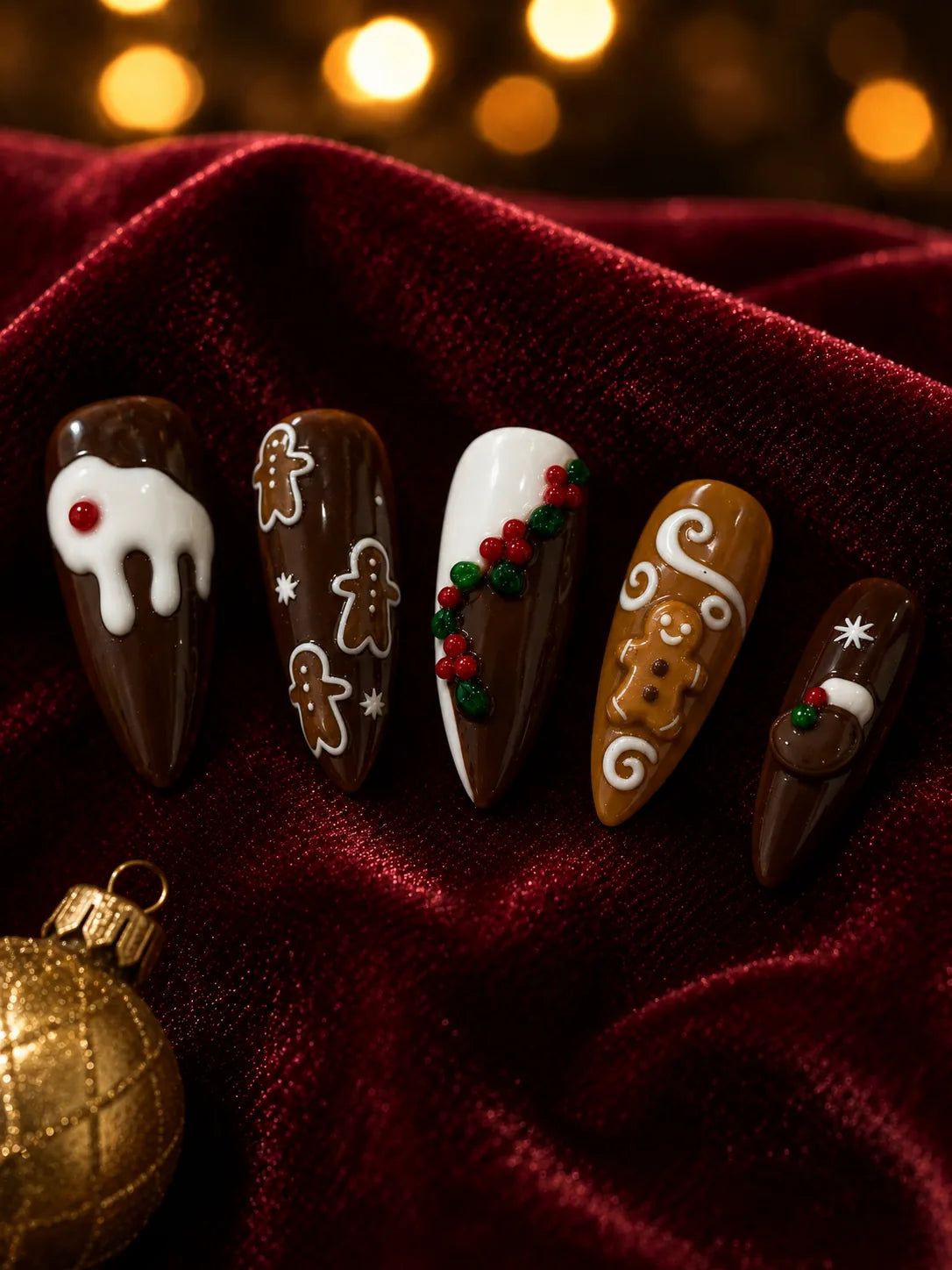 Gingerbread Kiss Holly Berry Press-On Nails - closeup2