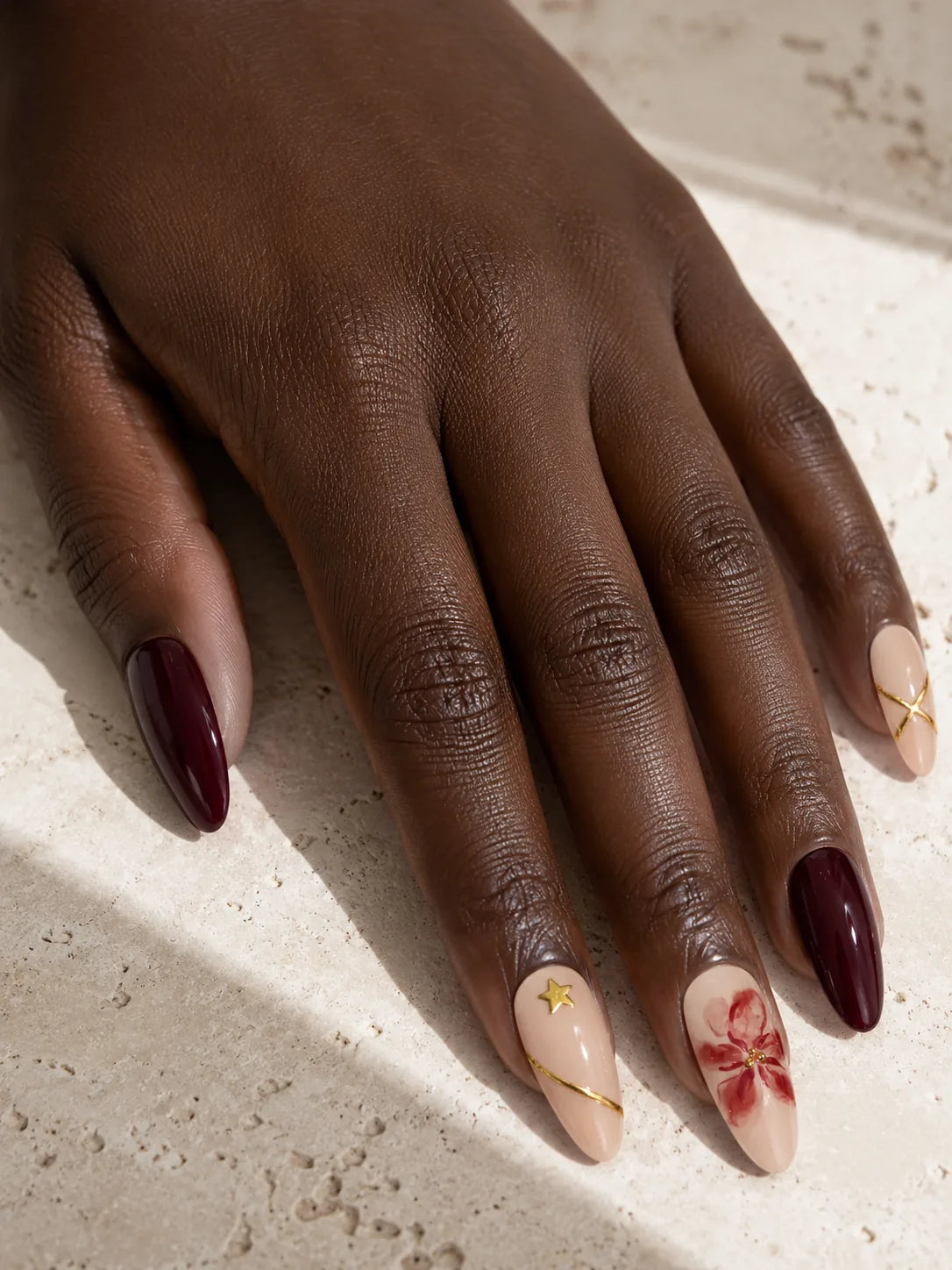 Gold Stripe Floral Oxblood Press-On Nails - hand1
