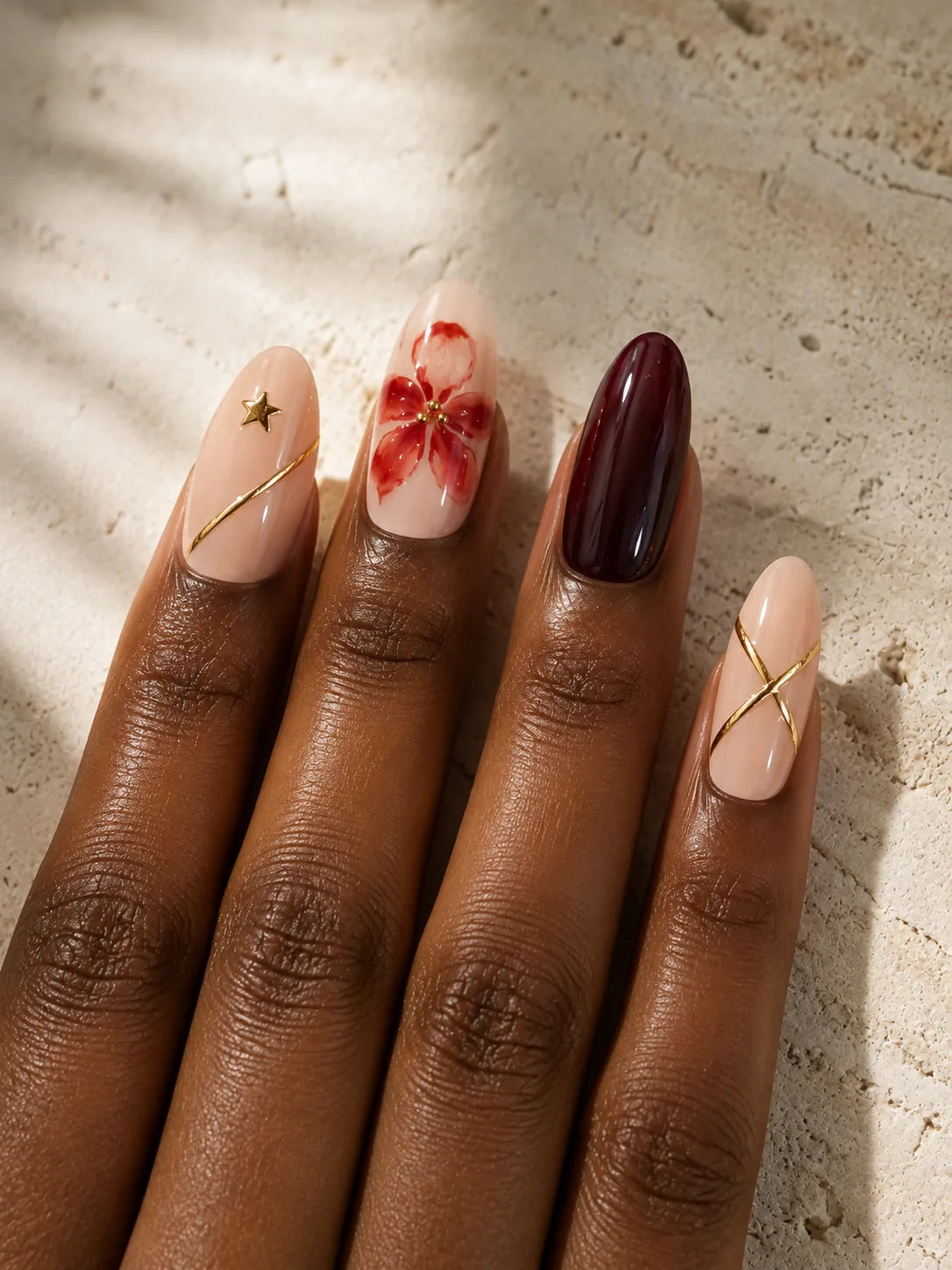 Gold Stripe Floral Oxblood Press-On Nails - hand2