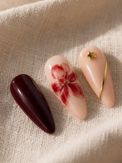 Gold Stripe Floral Oxblood Press-On Nails - closeup