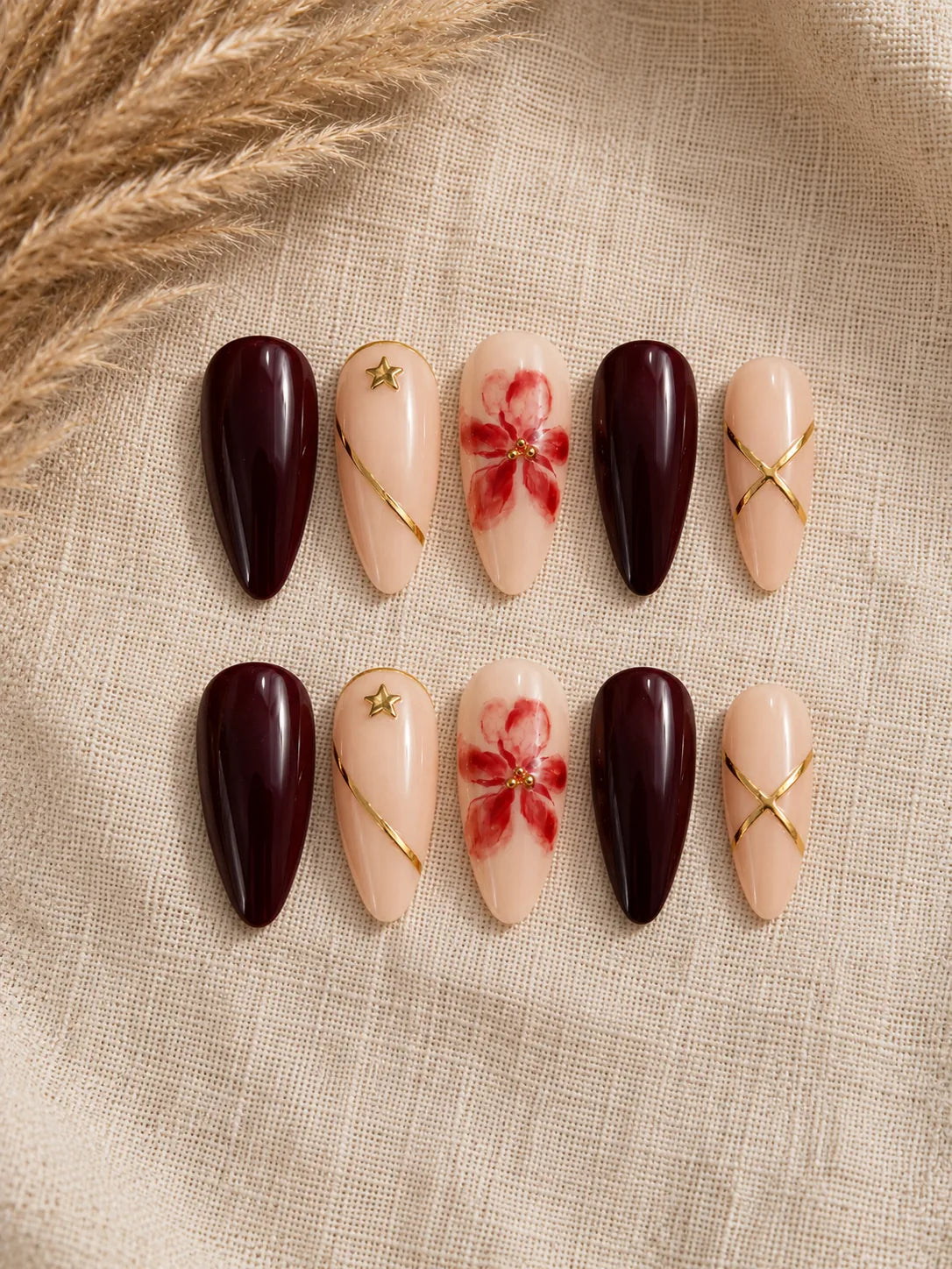 Gold Stripe Floral Oxblood Press-On Nails - flatlay