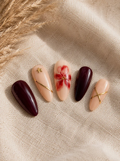 Gold Stripe Floral Oxblood Press-On Nails - closeup2