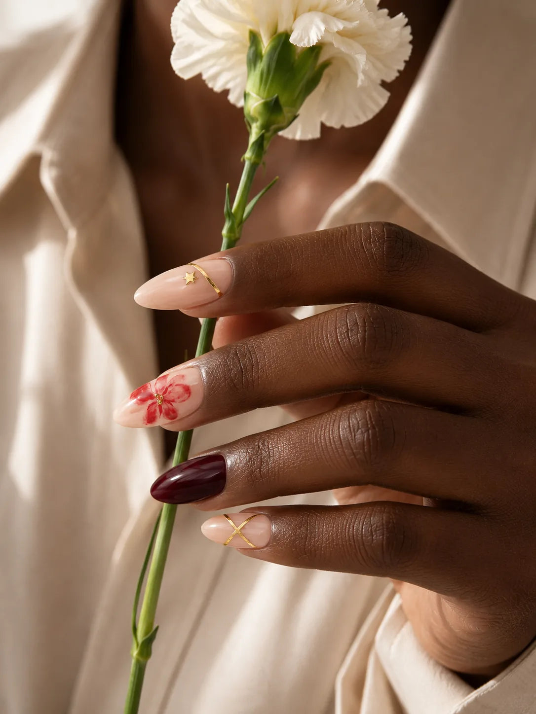 Gold Stripe Floral Oxblood Press-On Nails - life1