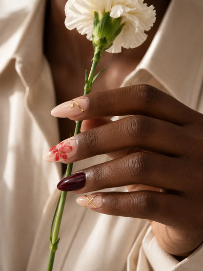 Gold Stripe Floral Oxblood Press-On Nails - life1