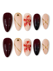 Gold Stripe Floral Oxblood Press-On Nails