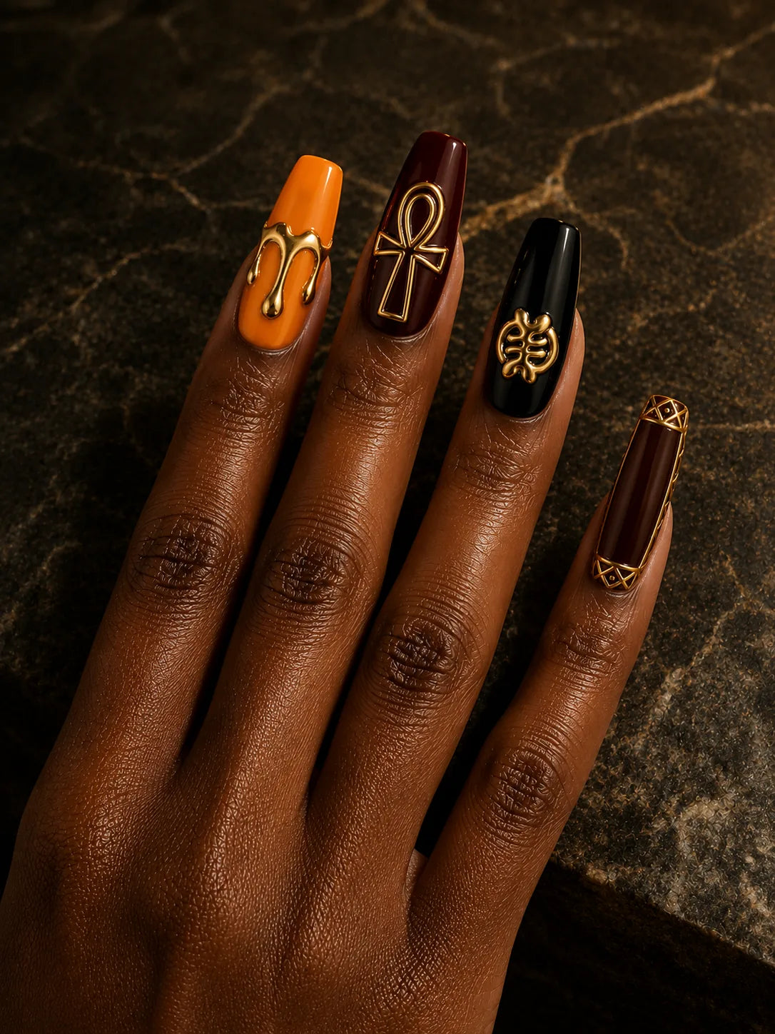 Golden Ankh - Sculptural Gold Press-On Nails - hand2