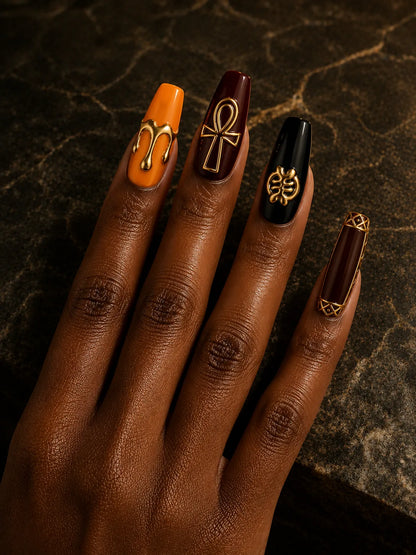 Golden Ankh - Sculptural Gold Press-On Nails - hand2