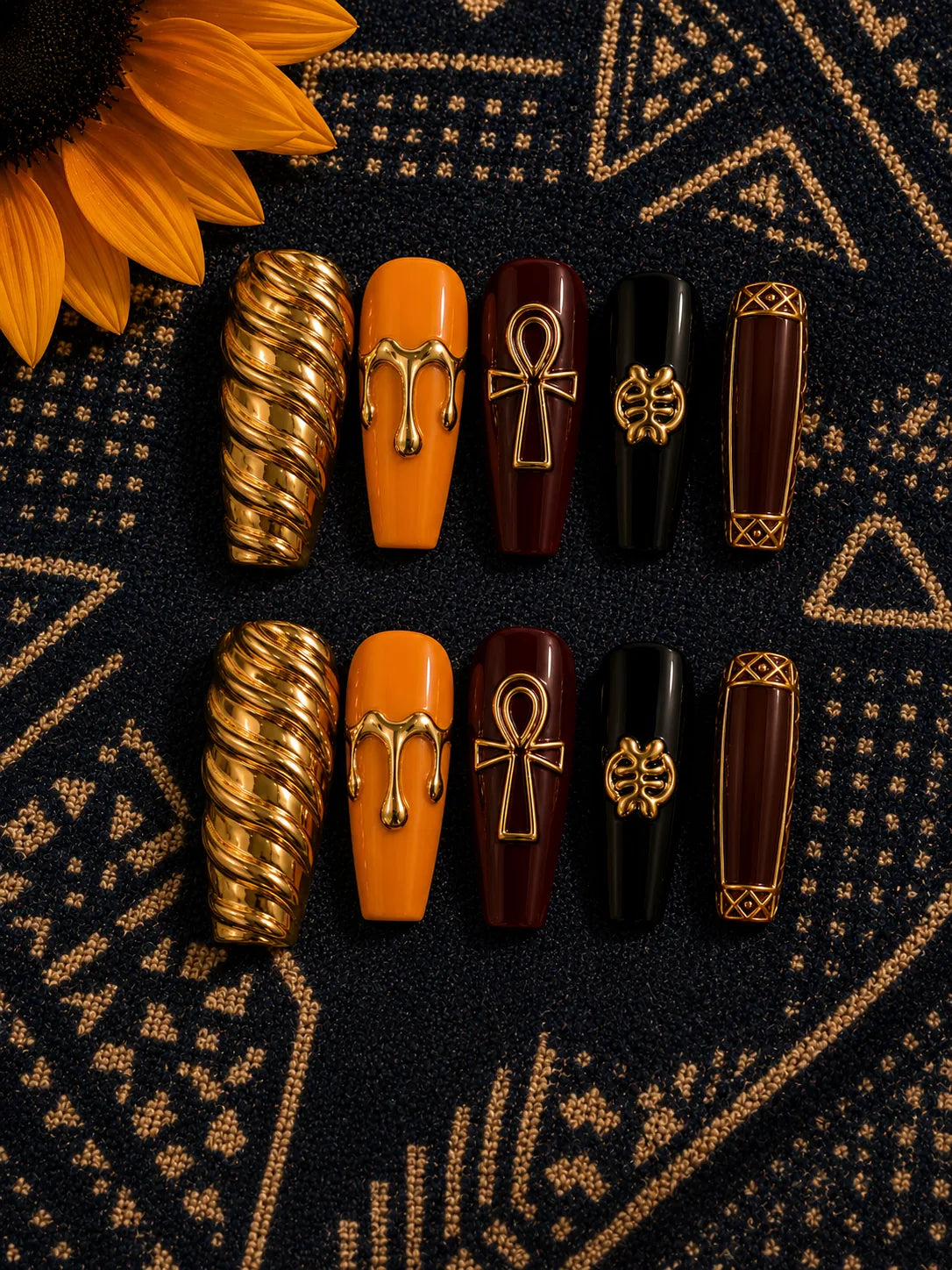 Golden Ankh - Sculptural Gold Press-On Nails - flatlay