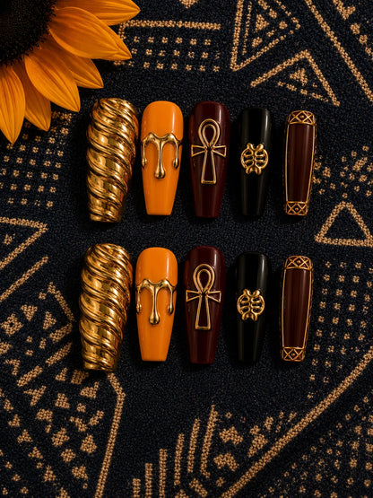 Golden Ankh - Sculptural Gold Press-On Nails - flatlay