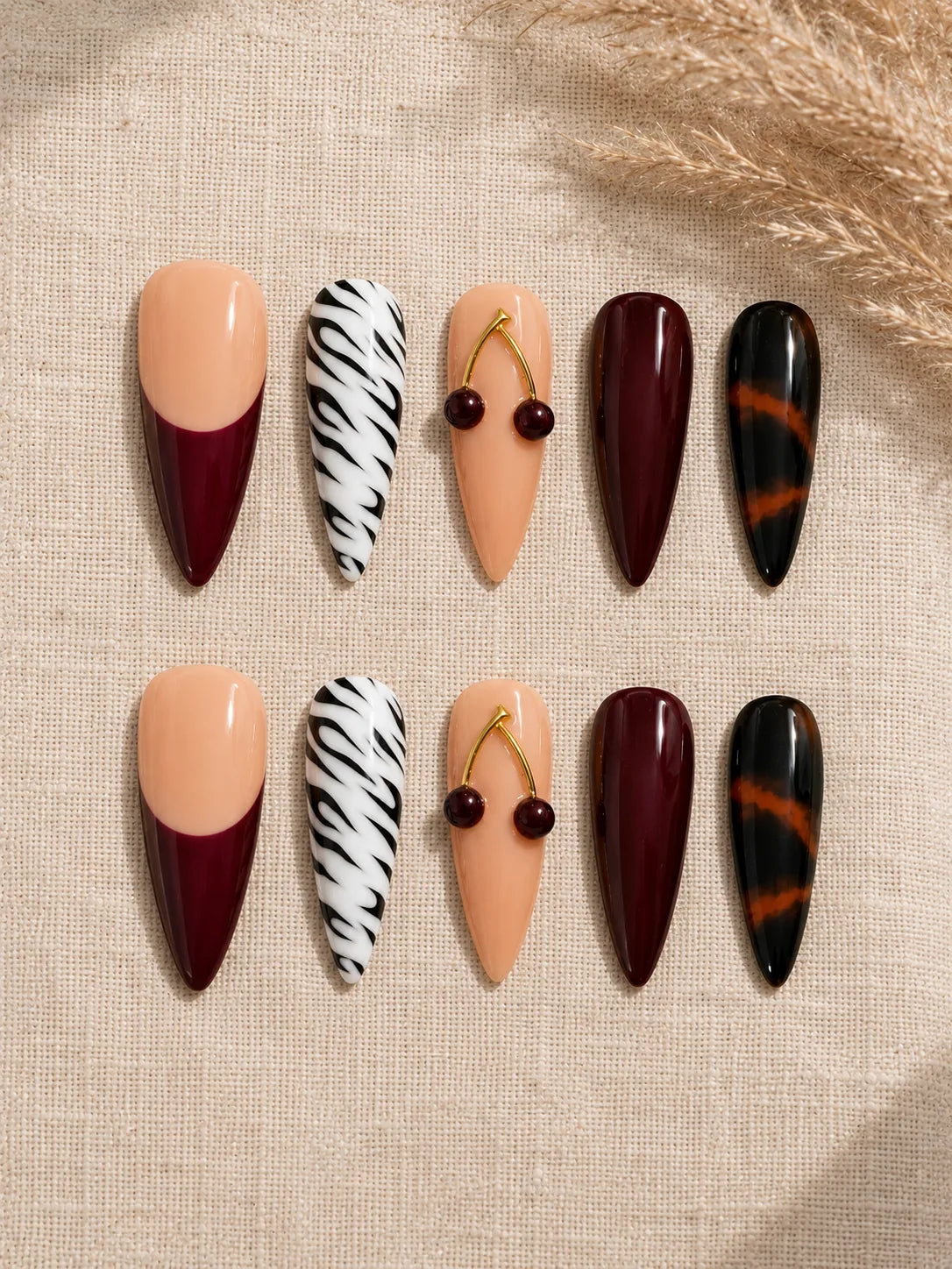 Half Moon Vamp Zebra Cherry Press-On Nails - flatlay