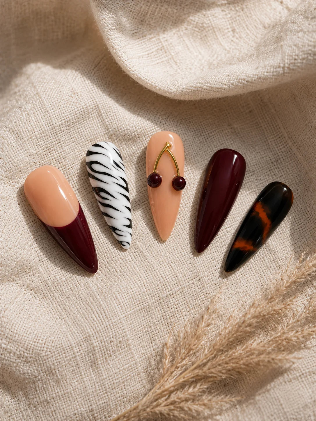 Half Moon Vamp Zebra Cherry Press-On Nails - closeup2
