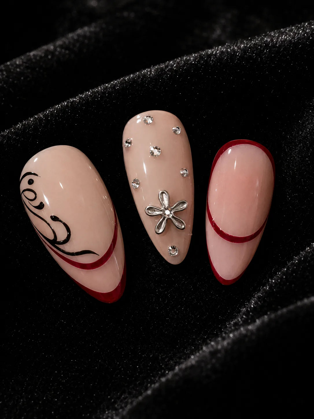 Heart Calligraphy Rhinestone Press-On Nails - closeup