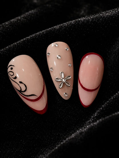 Heart Calligraphy Rhinestone Press-On Nails - closeup