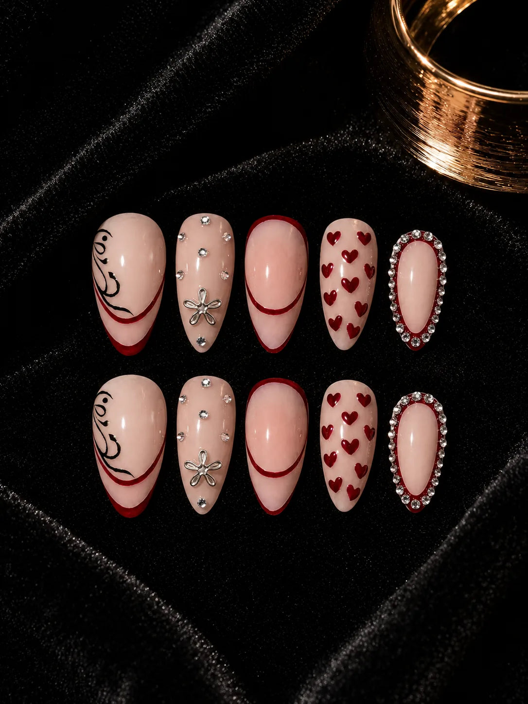 Heart Calligraphy Rhinestone Press-On Nails - flatlay