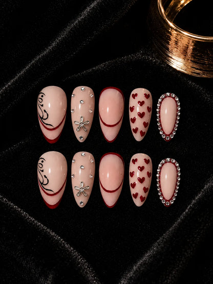 Heart Calligraphy Rhinestone Press-On Nails - flatlay