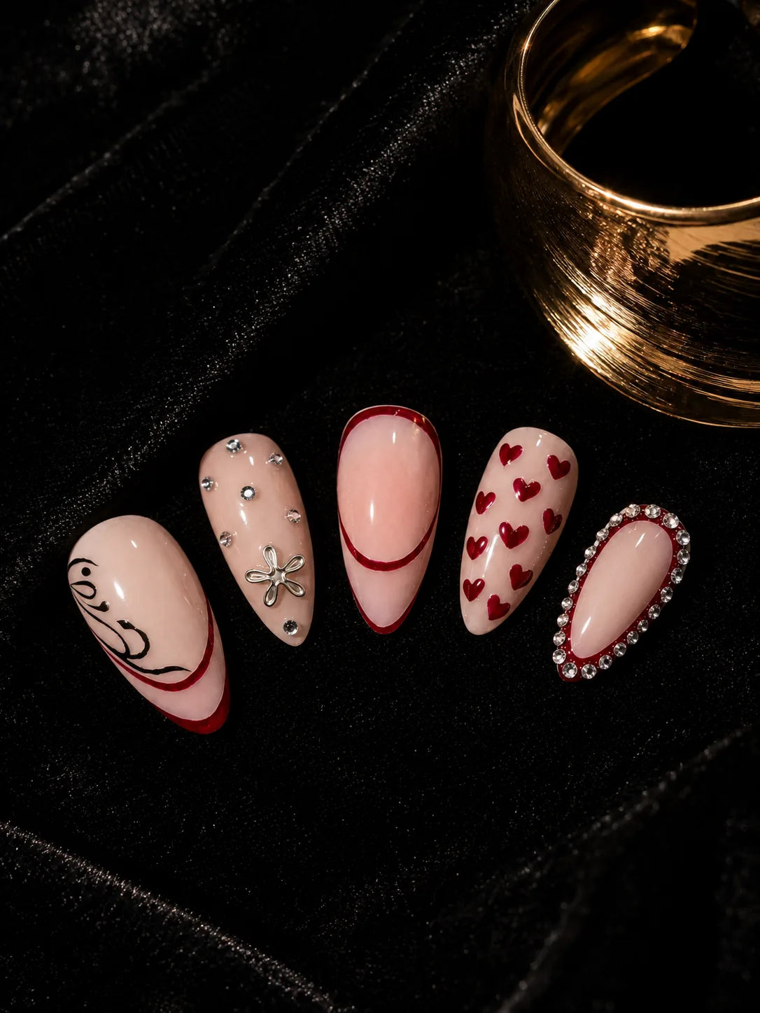 Heart Calligraphy Rhinestone Press-On Nails - closeup2