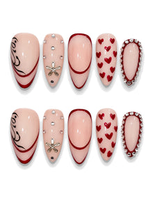Heart Calligraphy Rhinestone Press-On Nails