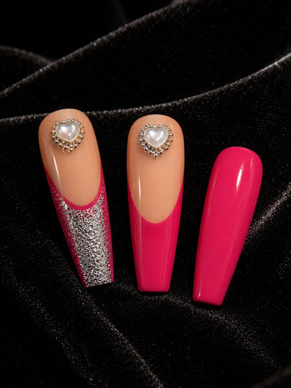 Heart French Glitter Tip Press-On Nails - closeup
