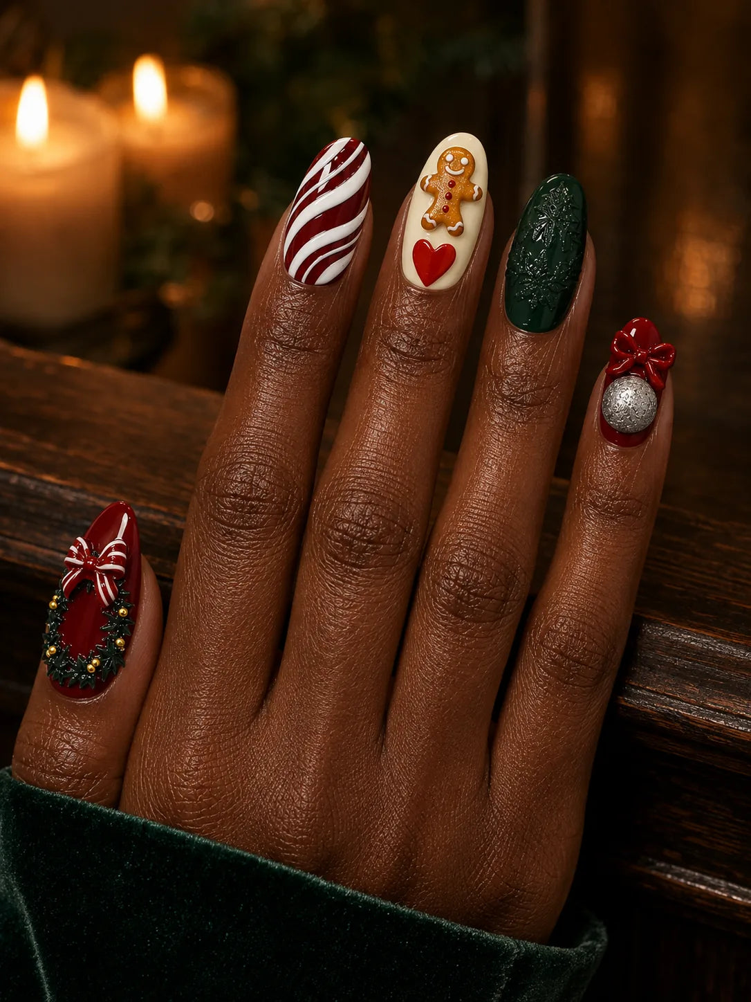Holly Wreath Charm Press-On Nails - hand1