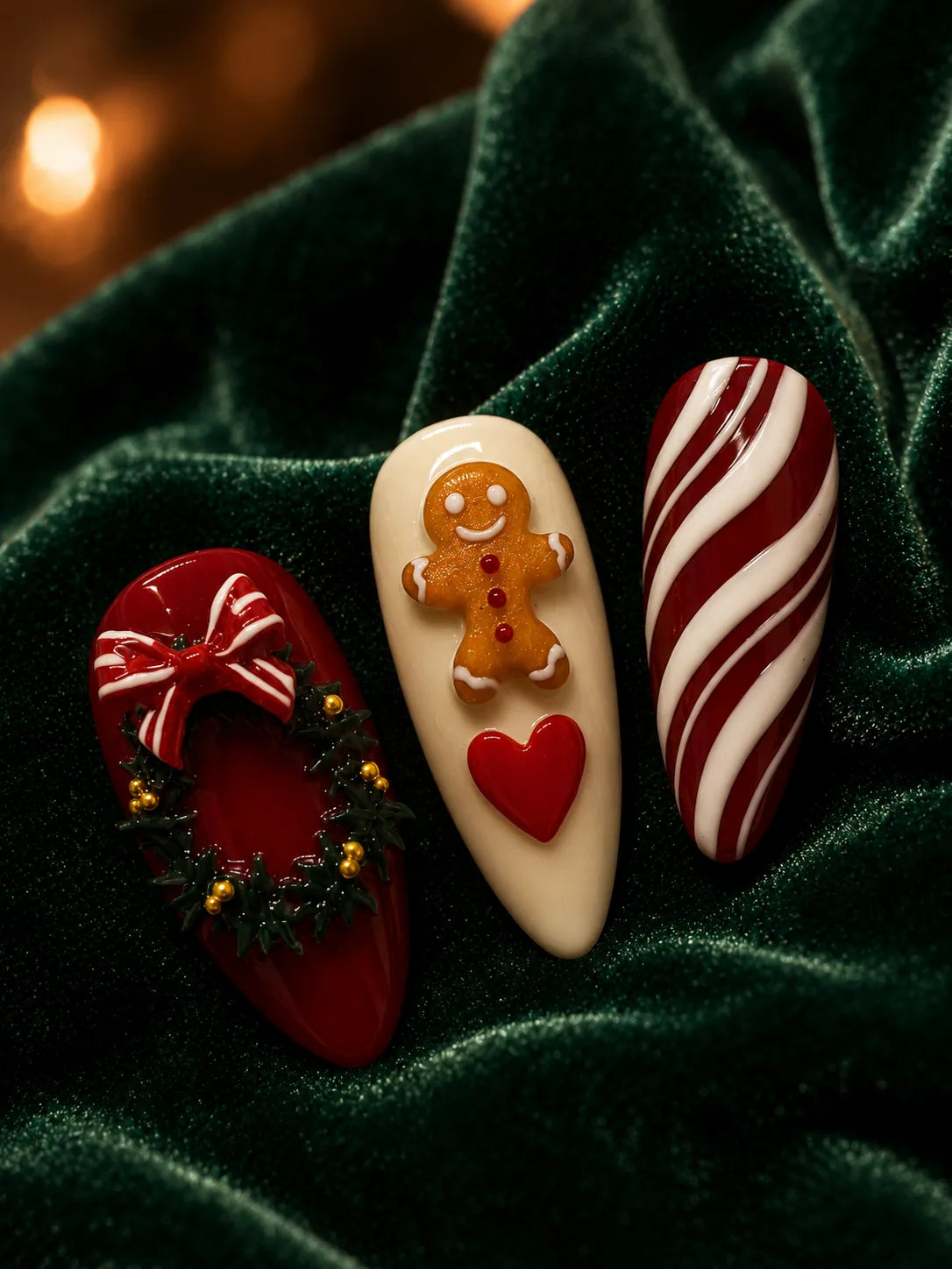 Holly Wreath Charm Press-On Nails - closeup