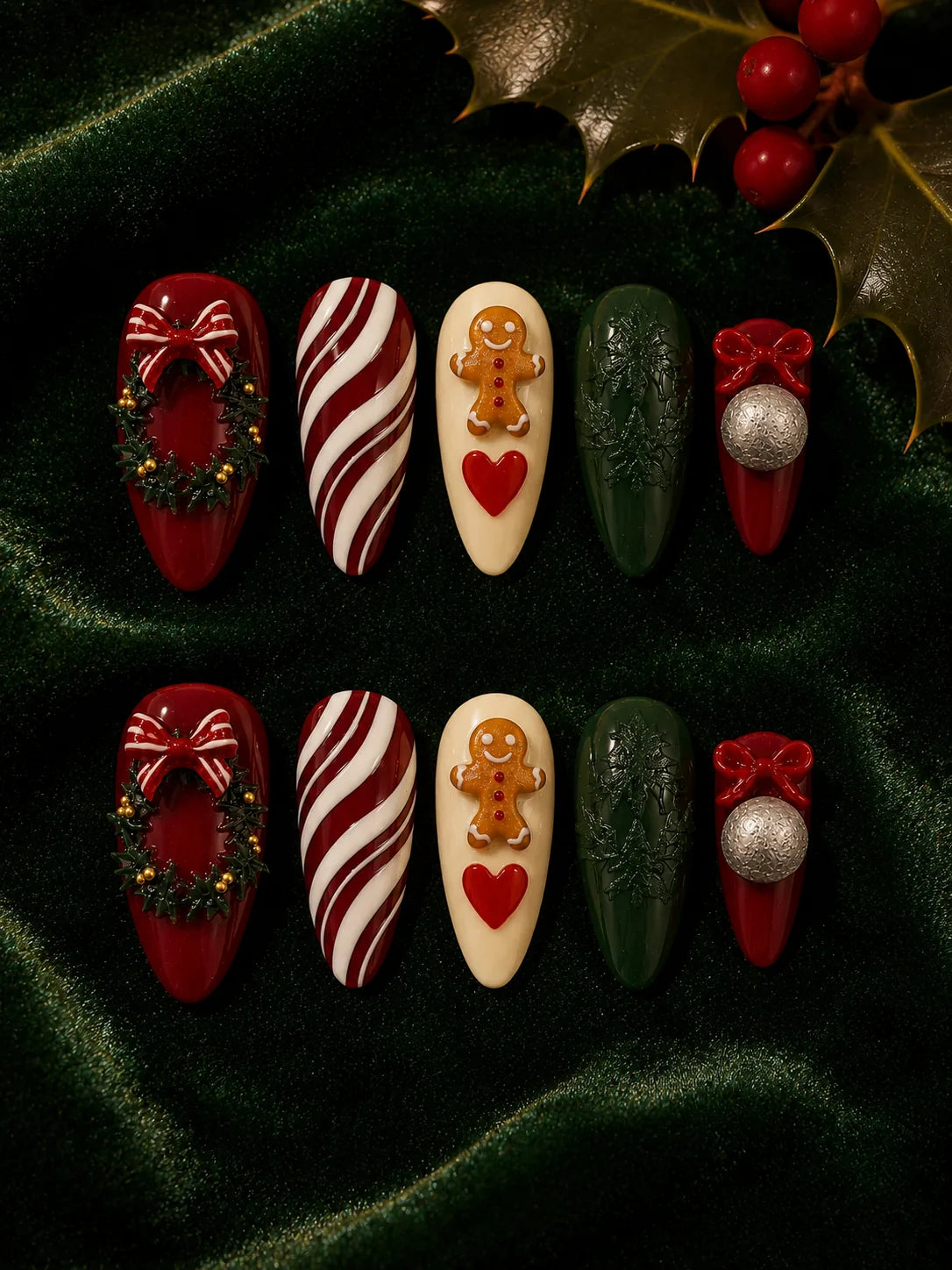 Holly Wreath Charm Press-On Nails - flatlay