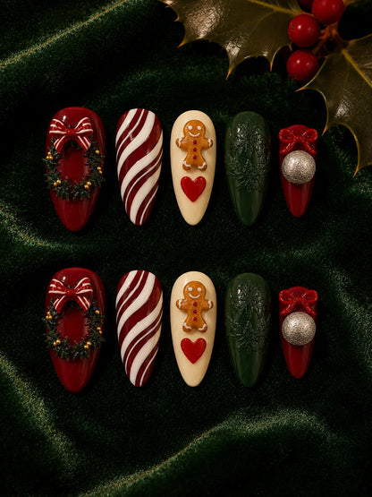 Holly Wreath Charm Press-On Nails - flatlay