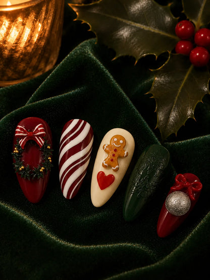 Holly Wreath Charm Press-On Nails - closeup2