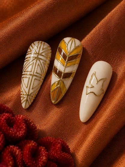 Ivory Dove Gold Linework Press-On Nails - closeup