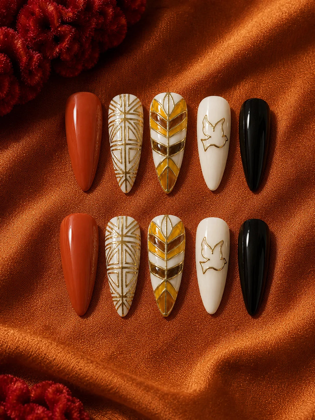 Ivory Dove Gold Linework Press-On Nails - flatlay
